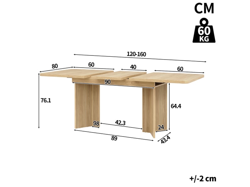  Table à manger extensible 120x80x76,1 cm 160x80x76,1 cm, panneau de fibres et cadre métal, forme rectangulaire, pieds rainurés en v  - Conforama C