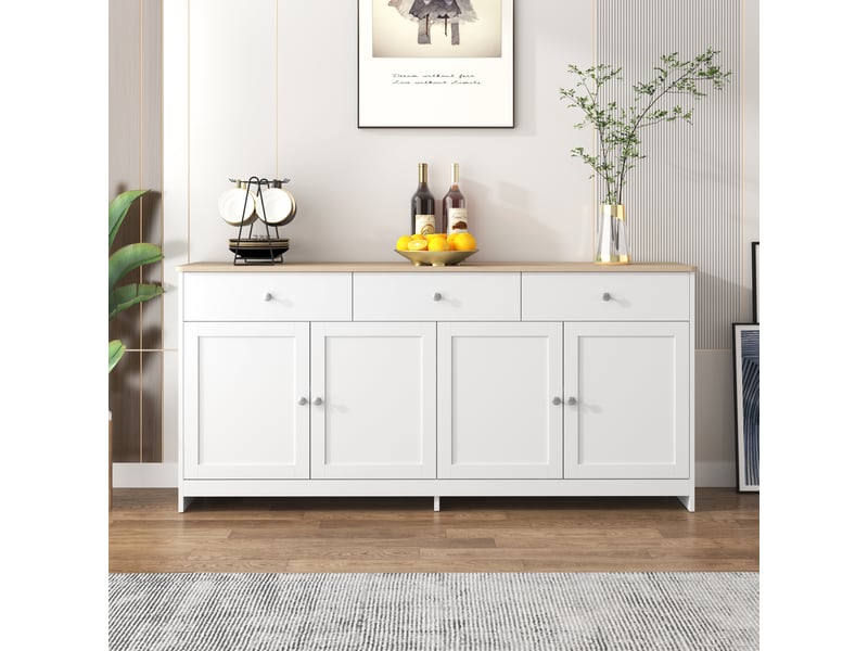  Buffet blanc et bois 160 cm bahut 4 portes 3 tiroirs meuble de rangement style campagne pour salon  - Conforama B