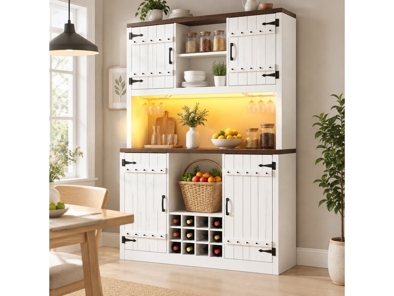  Haut buffet de cuisine 120x40x180 cm avec led rgb, casier à bouteilles, blanc  - Conforama B