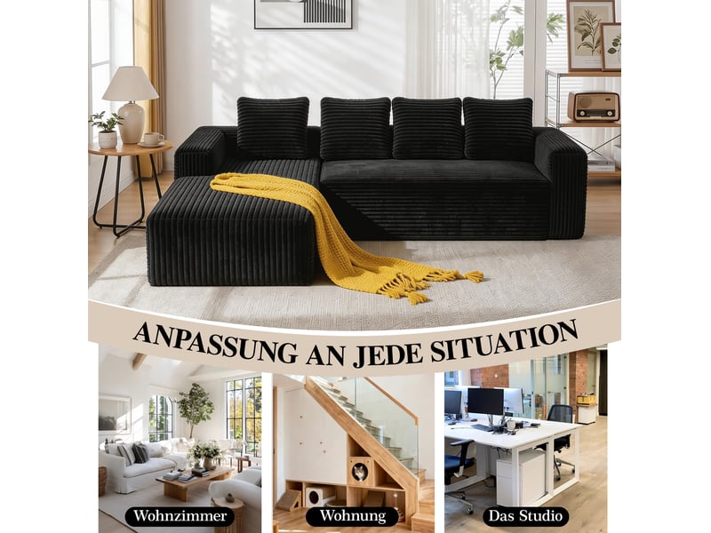 Canapé d'angle modulaire 4 places avec méridienne réversible, sans montage pour salon en velours côtelé noir - Conforama D