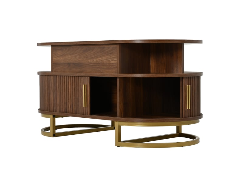  Table basse ovale 100 x 50 x 64 cm noyer mdf, plateau relevable hydraulique et rangement avec portes coulissantes  - Conforama D