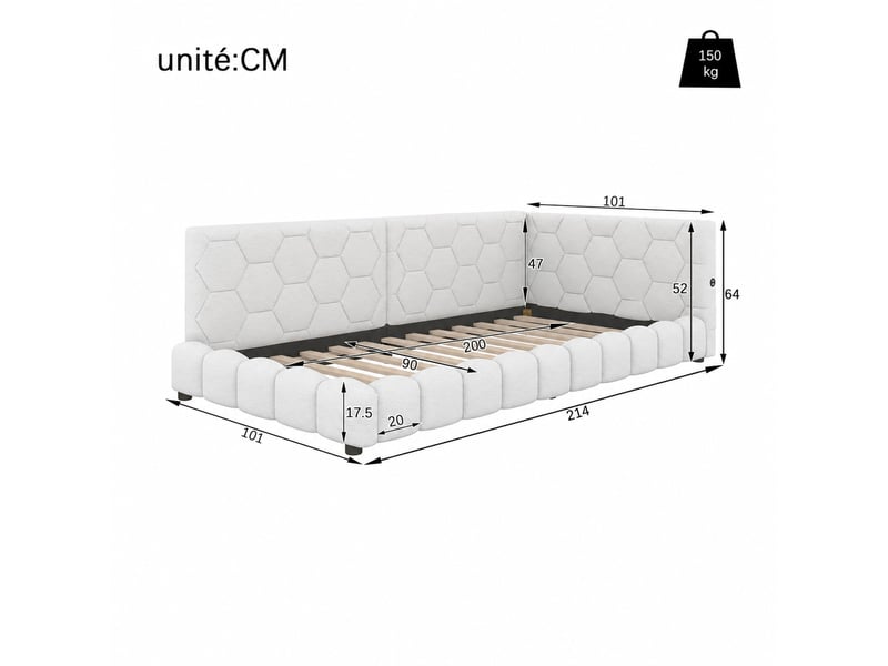  Canapé convertible lit de jour avec sommier à lattes, éclairage réglable, ports usb et type c, velours blanc  - Conforama D