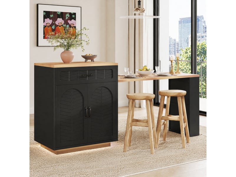 Îlot de cuisine avec led, 2 tiroirs, 4 portes, table extensible et rangement pour cuisine, salon et salle à manger - Conforama B