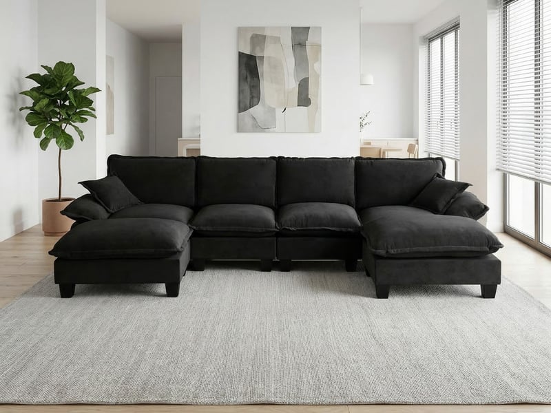  Canapé d'angle en forme de u,6 places, vec poufs mobiles pour salon et appartements , 332 × 151×90cm,noir  - Conforama B