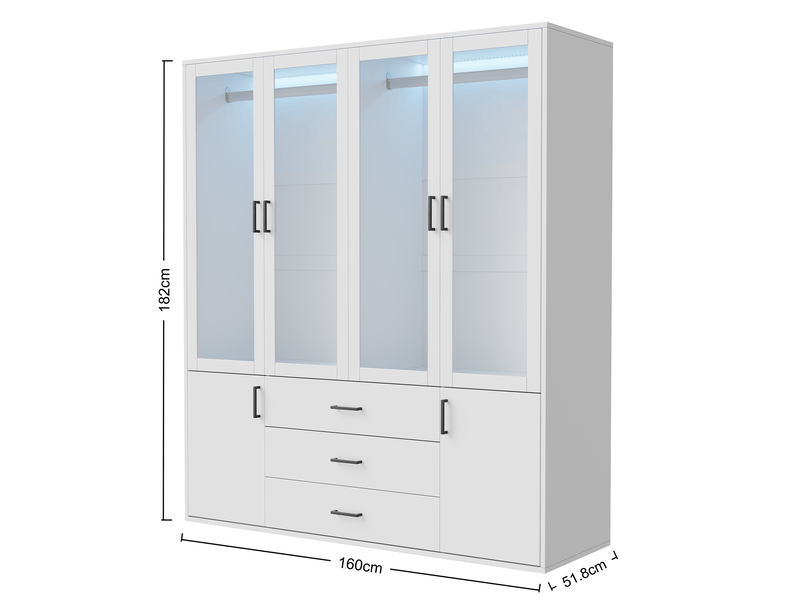  Armoire de chambre led - 160x51,8x182cm - meuble de rangement avec 4 portes vitrées avec led et 3 tiroirs - blanc  - Conforama E