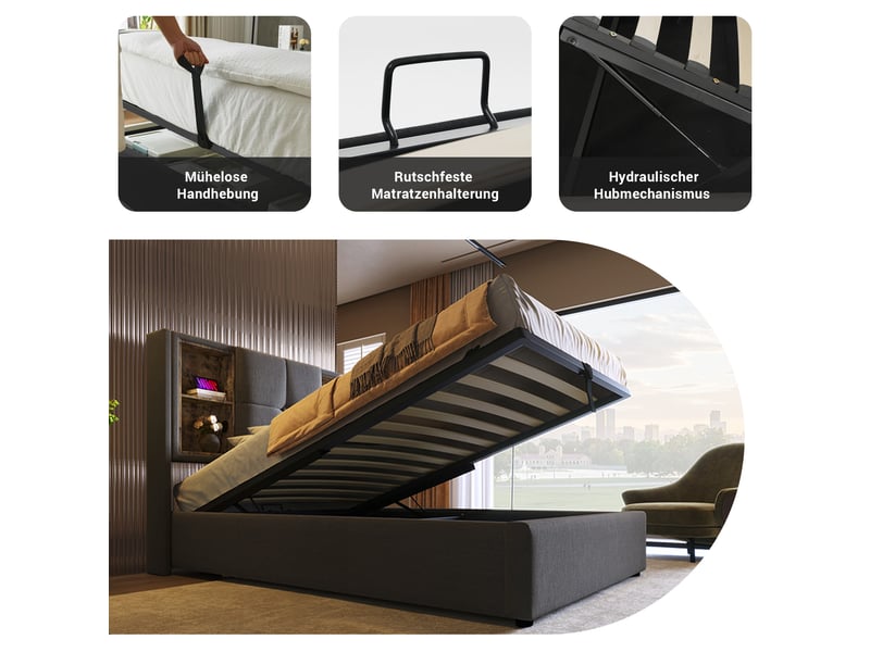  Lit simple 90x200 cm avec usb-c, lit enfant avec sommier à lattes en bois, lit 1 personne avec matelas, gris  - Conforama R