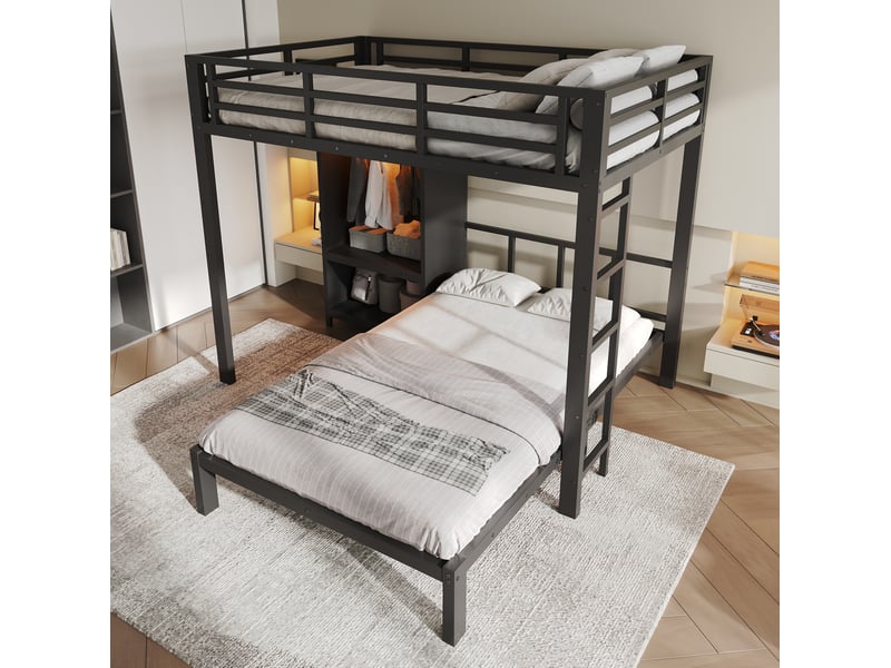 Lit superposé 120x200 cm en métal et bois avec armoire et led noir chicfurn - Conforama C