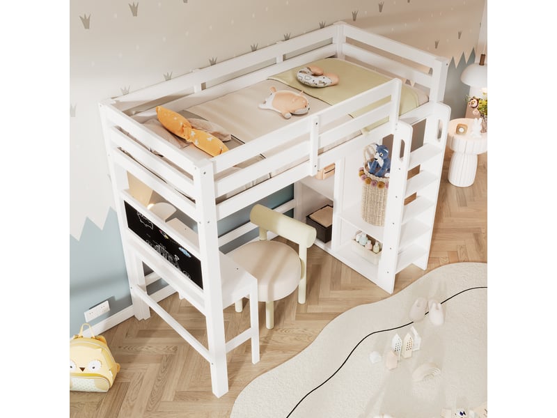  Lit mezzanine enfant 90x200 cm avec bureau, armoire ouverte et étagères, lit en bois avec barrière de sécurité et rangement - blanc (sans matelas)  - Conforama C