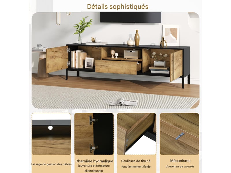 Meuble tv avec rangements en panneau de particules coloris chêne et noir 170x35x50 cm - pangivo - Conforama E