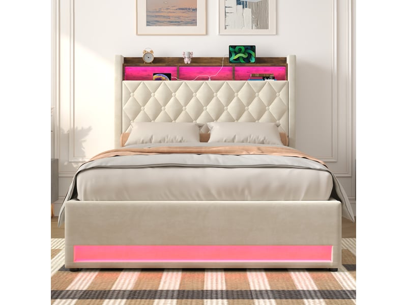  Lit double 140x190 cm avec rangement, led et usb beige homvra  - Conforama C