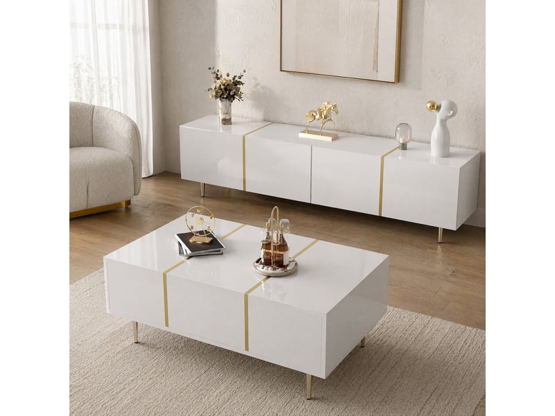  Ensemble meuble tv et table basse modenvie blanc brillant mdf avec rangements et accents dorés  - Conforama D
