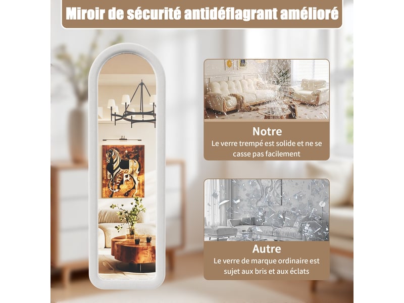 Miroir plein pied arche 160x50 cm, cadre rembourré en flanelle blanche, miroir au sol décoratif pour chambre et dressing  - Conforama R