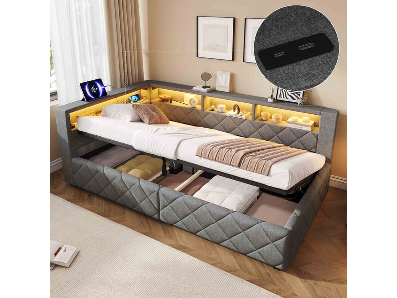Lit banquette coffre 90x200 cm en lin avec rangement hydraulique, éclairage led, usb, tête de lit avec étagères, lit simple rembourré - gris - Conforama D