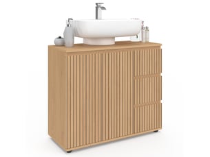Meuble sous lavabo salle de bain victor avec placard et 3 tiroirs effet lattes