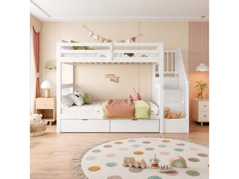  Lit superposé enfant 90 x 200 cm blanc avec escalier-rangement et 2 tiroirs  - Conforama B
