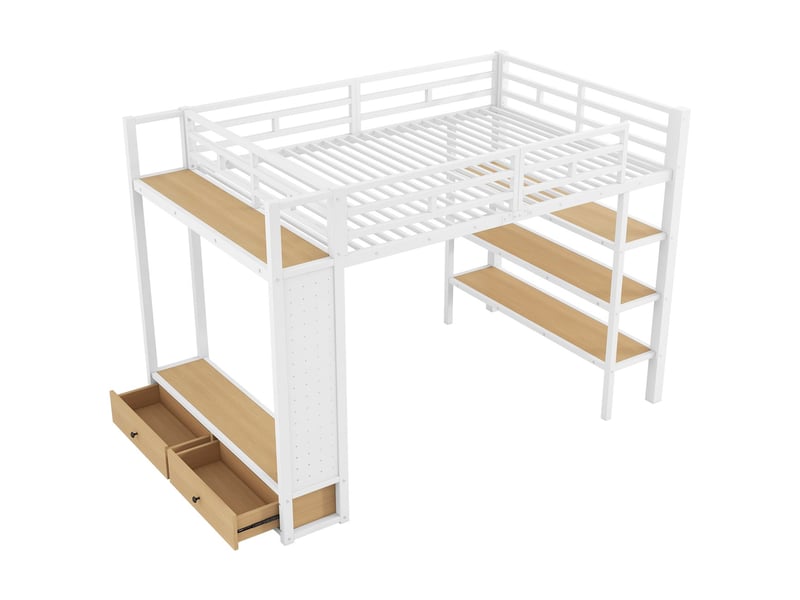  Lit mezzanine 140x200, structure métal, armoire ouverte, étagères, panneau perforé, éclairage led  - Conforama A