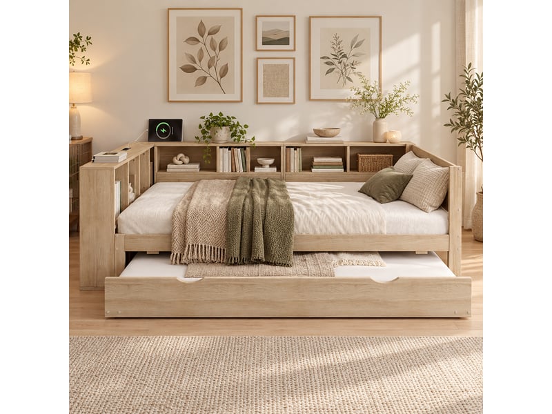 Lit gigogne enfant 120x200 + 90x190 cm, 2 couchages, rangements tout autour, station de charge, structure réversible, bois, naturel Bliss Lite - Conforama E