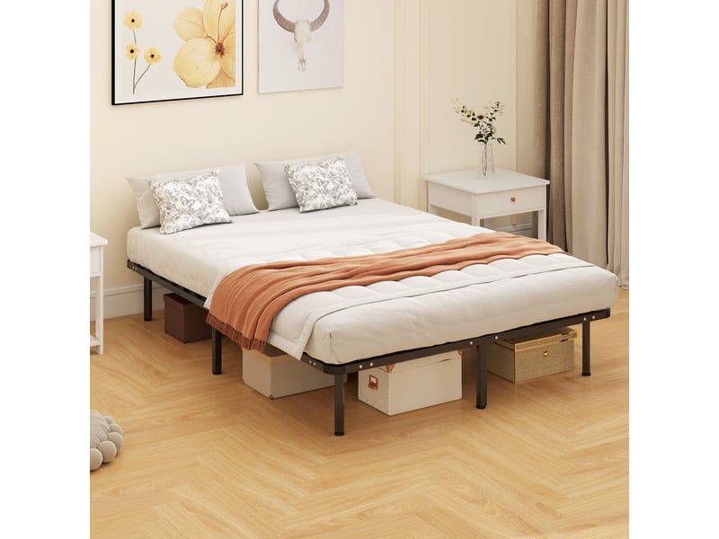  Cadre de lit 140 x 190 cm, lit 2 personnes en bois massif avec sommier à lattes et pied, noir, rangement au-dessous  - Conforama W