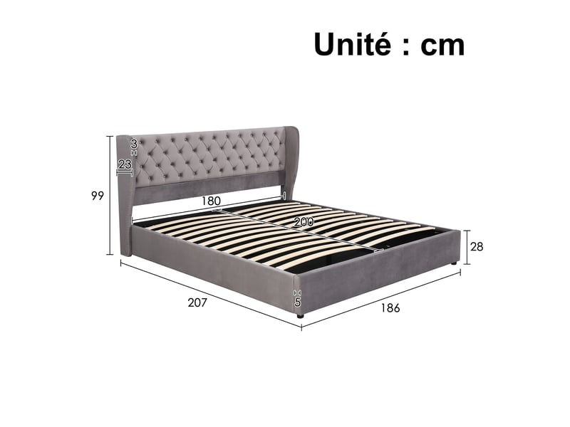  Lit coffre 180x200 - lit double capitonné avec rangement sous le lit - velours - sans matelas - gris  - Conforama C