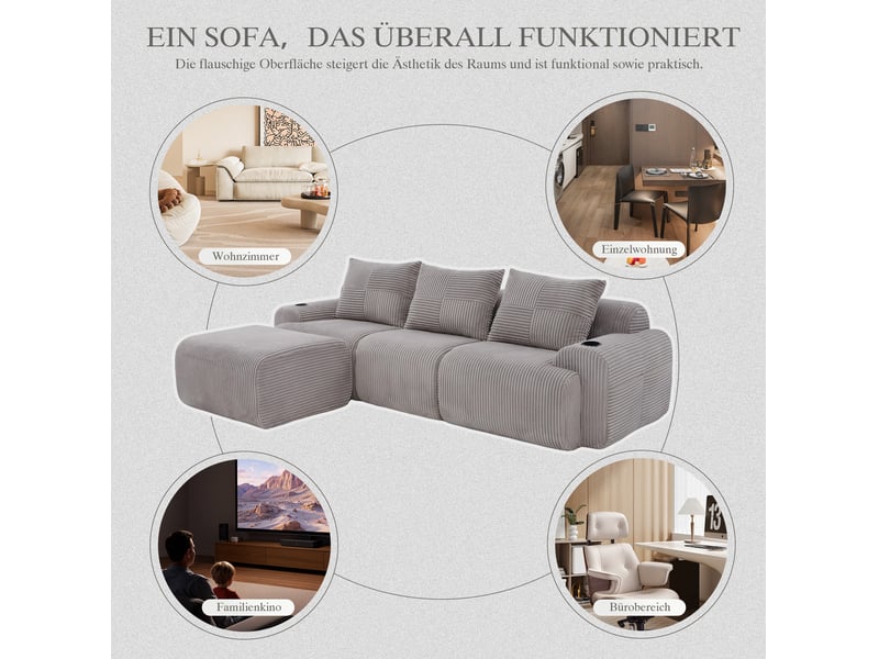  Canapé modulaire 3 places 268x174x80 cm porte-gobelets gris clair  - Conforama D