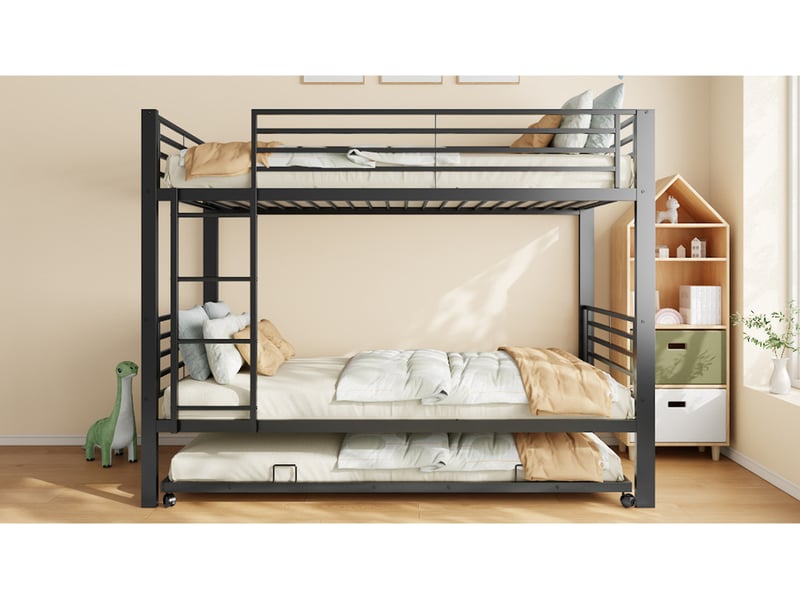  Lit mezzanine,90x200 cm,avec lit gigogne,échelle,barrière,métal,noir  - Conforama B