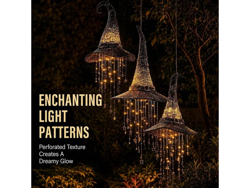  2 pièces décoration halloween suspendue, chapeau de sorcière lumineux led avec étoiles en cascade pour intérieur et extérieur  - Conforama C