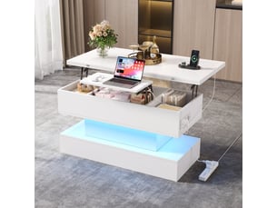 Table basse relevable avec 2 plateaux pliants, led et prise avec usb et usb-c, rangement, salon, blanc - uvrion