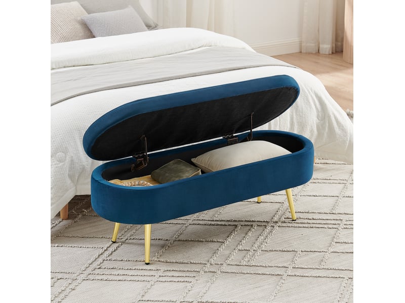  Banc de rangement 110x40x42 cm, coffre 20 l, pieds en bois, meuble chambre, meuble bureau et salon, velours, bleu foncé  - Conforama D
