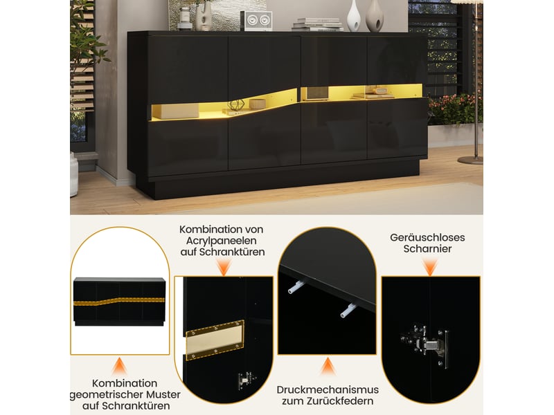  Buffet bas 140x35x70 cm à 4 portes led noir brillant  - Conforama D
