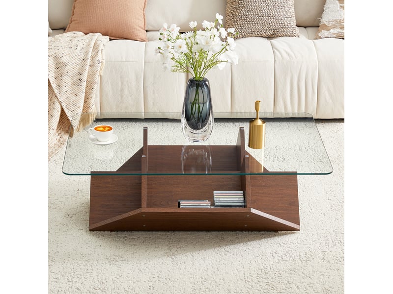  Table basse 103x63x33,5 cm en verre trempé et mdf finition noyer avec rangements  - Conforama D