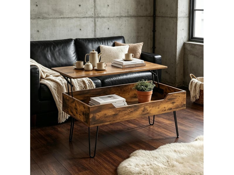  Table basse rectangulaire relevable avec rangement caché, marron rustique et noir  - Conforama E