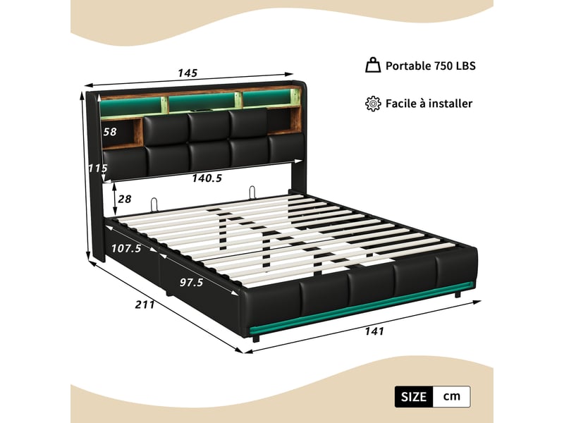  Lit 140 x 200 avec sommier, rangement tête de lit et hydraulique, led tête et pied de lit, ports usb et type-c, revêtement pu noir  - Conforama C