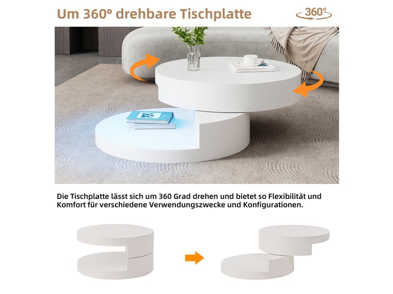 Table basse 70 x 70 x 35 cm plateau supérieur pivotant à 360° éclairage led structure cylindrique en mdf charge maximale 30 kg construction à 2 niveaux finition blanche - Conforama D