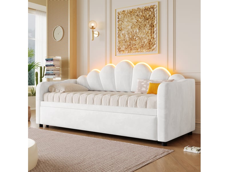  Lit gigogne multifonctionnel 90x200 cm led, lit enfant, lit simple avec tête de lit, mdf, velours blanc sans matelas  - Conforama B