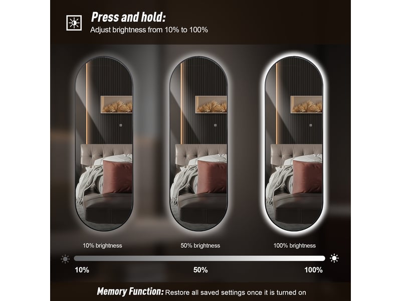  Miroir led pleine longueur 150 × 50 cm avec cadre aluminium noir, éclairage arrière réglable, 3 températures de couleur et fonction mémoire - argent  - Conforama E