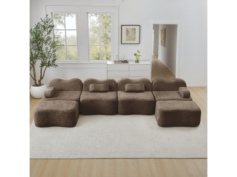 Canapé d’angle u modulable 4 places 384x167x70 cm, dossier ondulé, 32d, 2 poufs, velours, marron - Conforama B