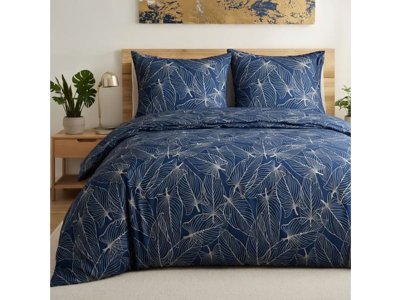  Parure housse de couette 240x220cm + 2 taies motif feuilles bleu et beige 100% coton - melda MELDA - Conforama C
