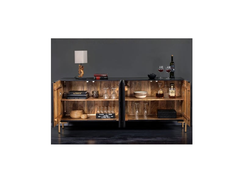  Buffet mahara 160 cm en bois de manguier massif – 4 portes sculptées noir, marron et doré  - Conforama D