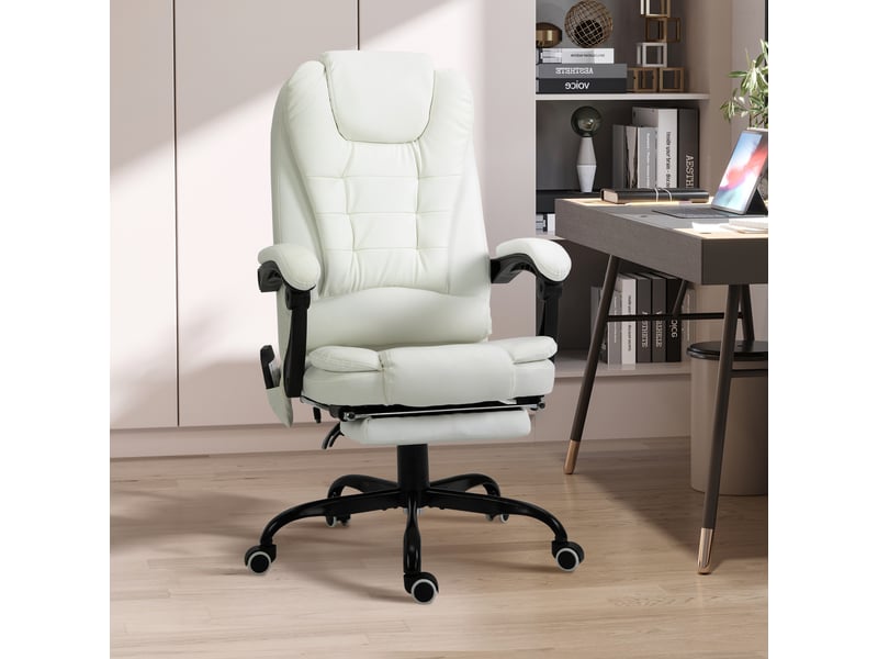  Fauteuil bureau massant, hauteur réglable, dossier inclinable, télécommande, repose-pieds, pivotant 360°, blanc.  - Conforama C