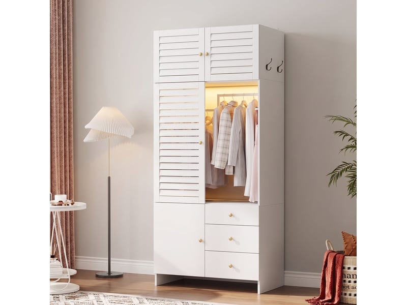 Armoire 2 portes avec panier à linge et led 90x50x200 cm blanc  - Conforama W