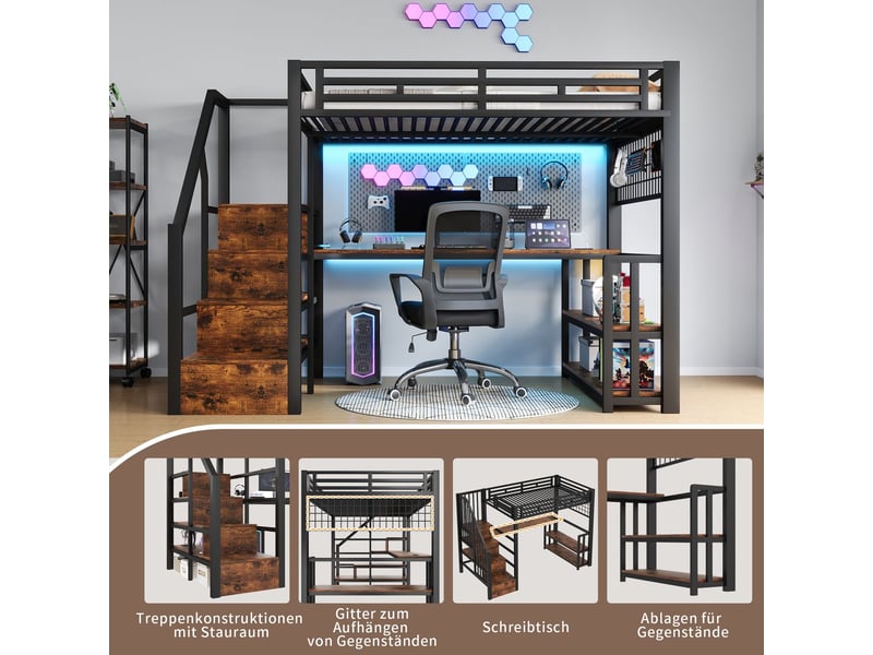  Lit mezzanine avec bureau 140x200cm ado adulte métal noir led - lit mezzanine - escalier rangement grille usb et type-c  - Conforama E