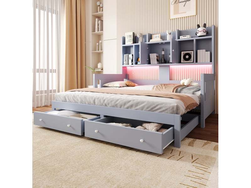 Lit gigogne 90x190+180x190 cm avec rangement en bois gris - Conforama D