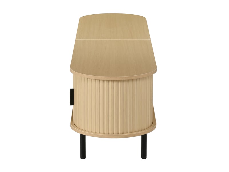  Meuble tv vintage chêne 170 cm à portes coulissantes et 2 niches ouvertes, meuble tv aspect bois à pieds métalliques et coins arrondis, pour salon Bubbly - Conforama E