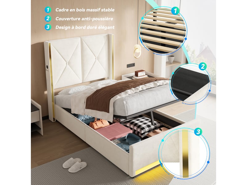  Lit coffre 90 x 200 cm, relevage hydraulique, tête haute capitonnée, ports usb et type-c, led, velours beige  - Conforama E