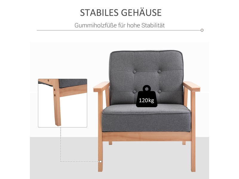  Fauteuil de salon en tissu aspect lin et bois massif gris 64,5 x 70 x 74 cm  - Conforama E