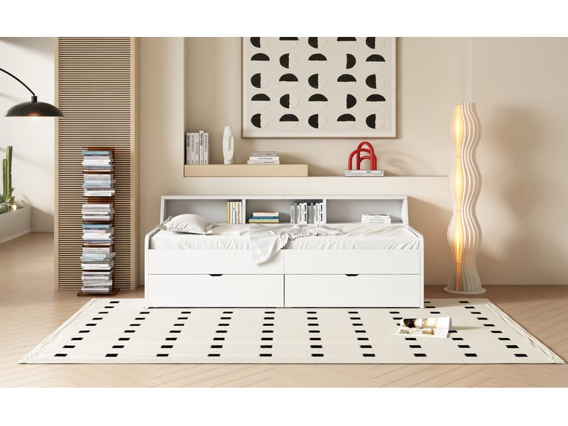  Lit banquette simple 90×200 cm, 2 tiroirs et 3 étagères  - sans matelas, pin et mdf - blanc  - Conforama E