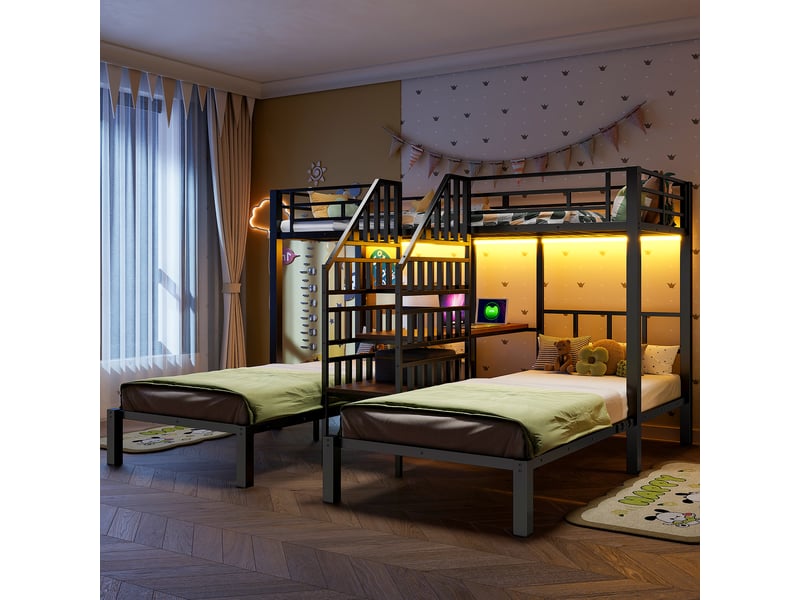 Lit mezzanine 90 x 200 cm, lit enfant surélevé, bureau intégré, étagères ouvertes, éclairage led, connectique usb, échelle, métal, noir Morn Vibe - Conforama D