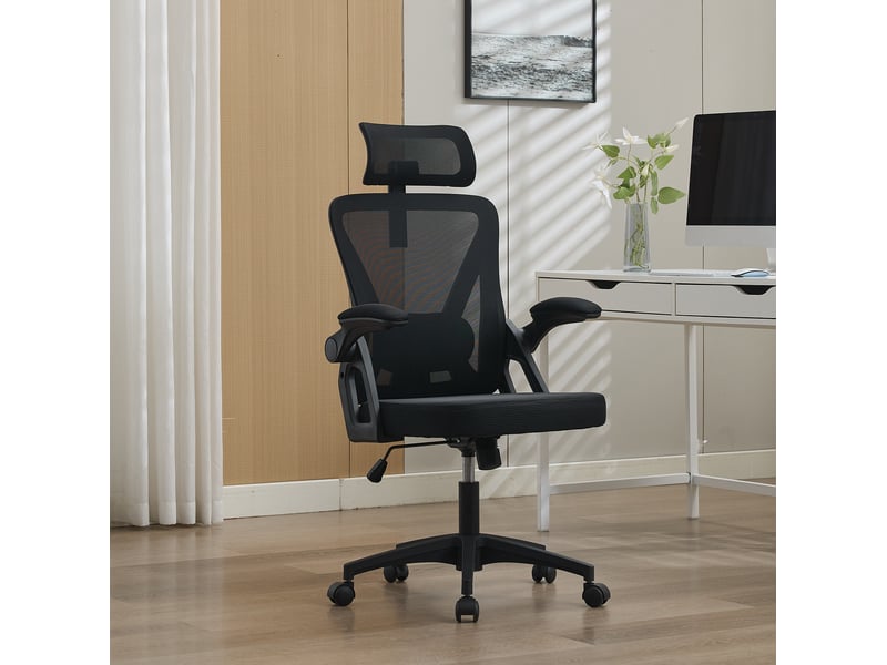  Fauteuil de bureau ergonomique noir en maille, appui-tête réglable et accoudoirs rabattables, pour le télétravail  - Conforama B