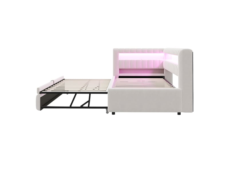  Lit extensible 90 × 200 cm led, usb et usb-c en velours - beige C-CRAFTLINK - Conforama D