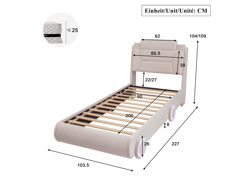  Lit enfant 90x200 cm en flanelle beige crème avec tête de lit réglable, style de la voiture, sans matelas  - Conforama C